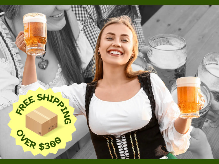 Two women in traditional German clothing holding beer glasses with an offer to spend $300 get free shipping overlay.