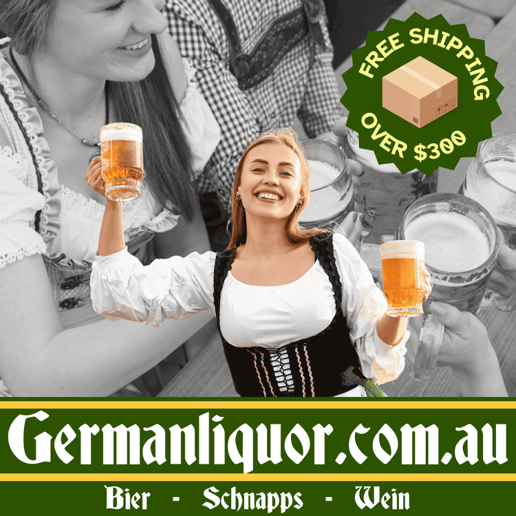 Two women in traditional German attire holding beer glasses with promotional text for Germanliquor.com.au.