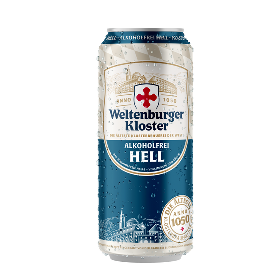 Weltenburger Kloster Alochol free Hell beer can with blue and white design on a white background