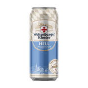 Wettenburger Kloster Hell beer can with a checkered pattern on a white background