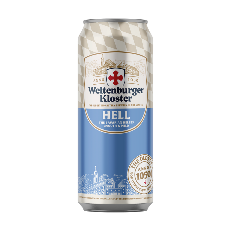 Wettenburger Kloster Hell beer can with a checkered pattern on a white background