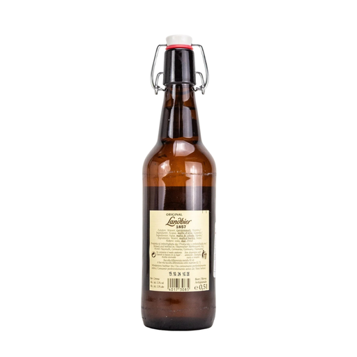 Brown bottle of Aktien Original Landbier 1857 helles back label with a white label on a white background