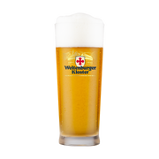 Glass of beer with Weltenburger Kloster logo on a white background