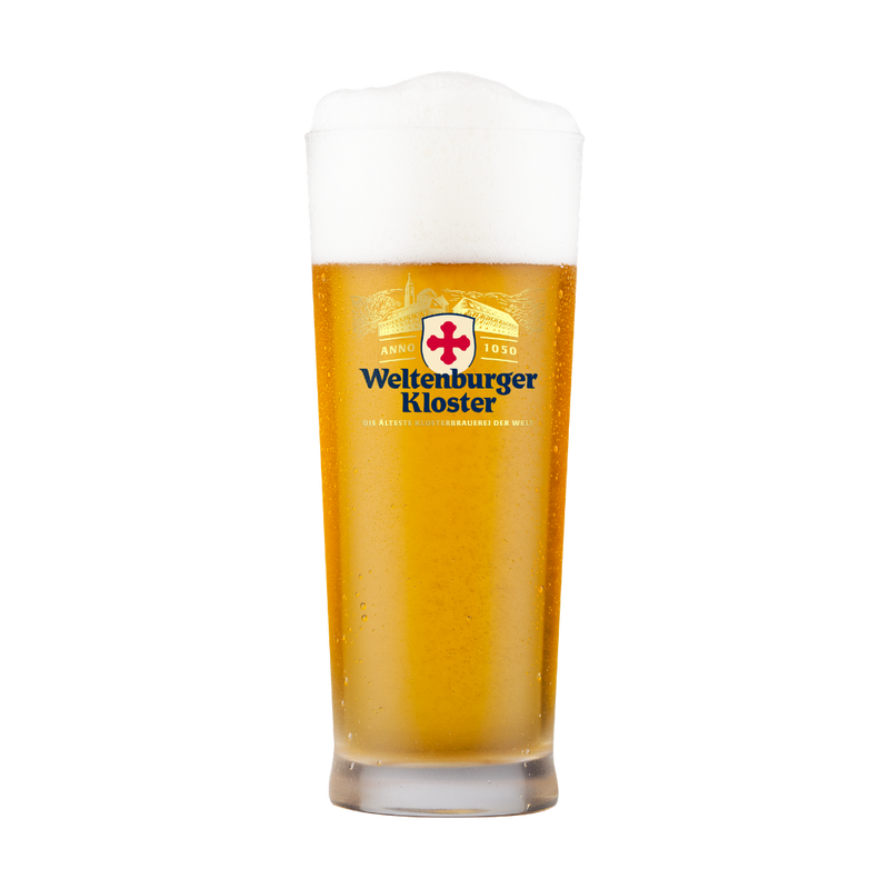 Glass of beer with Weltenburger Kloster logo on a white background
