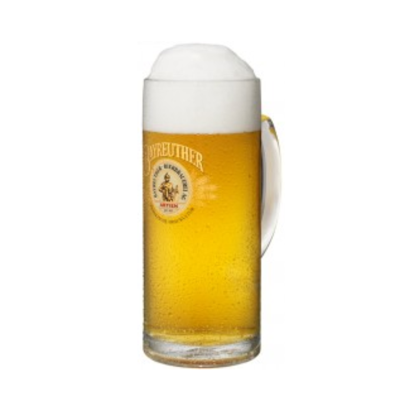 Glass of Aktien Original Landbier 1857 helles with a white label on a white background