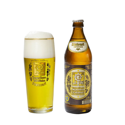 A bottle of Augustiner Edelstoff Lager and a glass showing the golden beer with a crisp white head