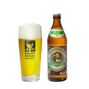 A clear glass pint filled with golden beer and topped with white foam, standing beside a brown glass bottle of Augustiner Lager Bier Hell on a plain white background.