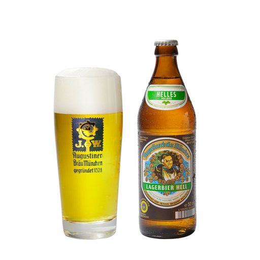 A clear glass pint filled with golden beer and topped with white foam, standing beside a brown glass bottle of Augustiner Lager Bier Hell on a plain white background.