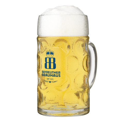 A full glass beer stein with a faceted textured design and a central blue and white printed logo reading 'Bayeuthier Brauhaus' with a crown and monogram 'BB'.