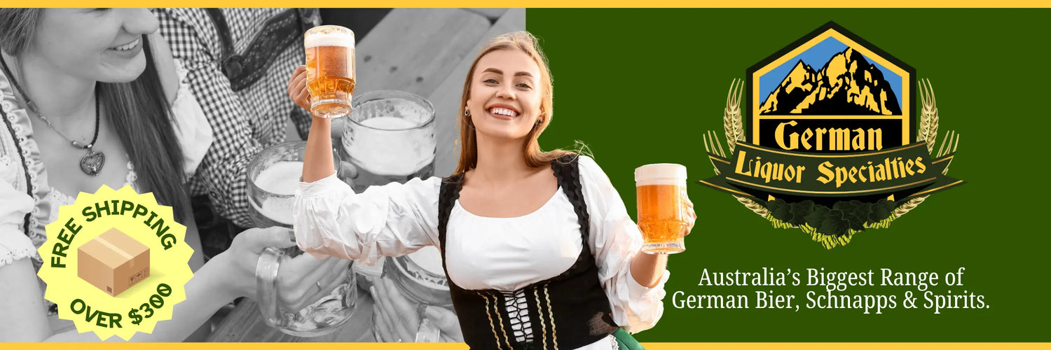 Woman in traditional German attire holding a beer with 'German Liquor Specialties' logo and text.