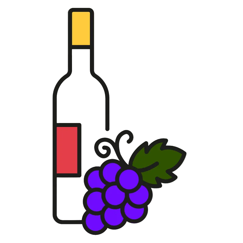 a drawing of a bottle of German wine and grapes