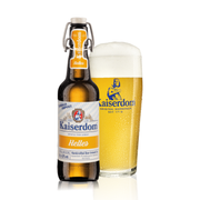 Kaiserdom Helles lager 500ml swingtop bottle with a glass on a white background