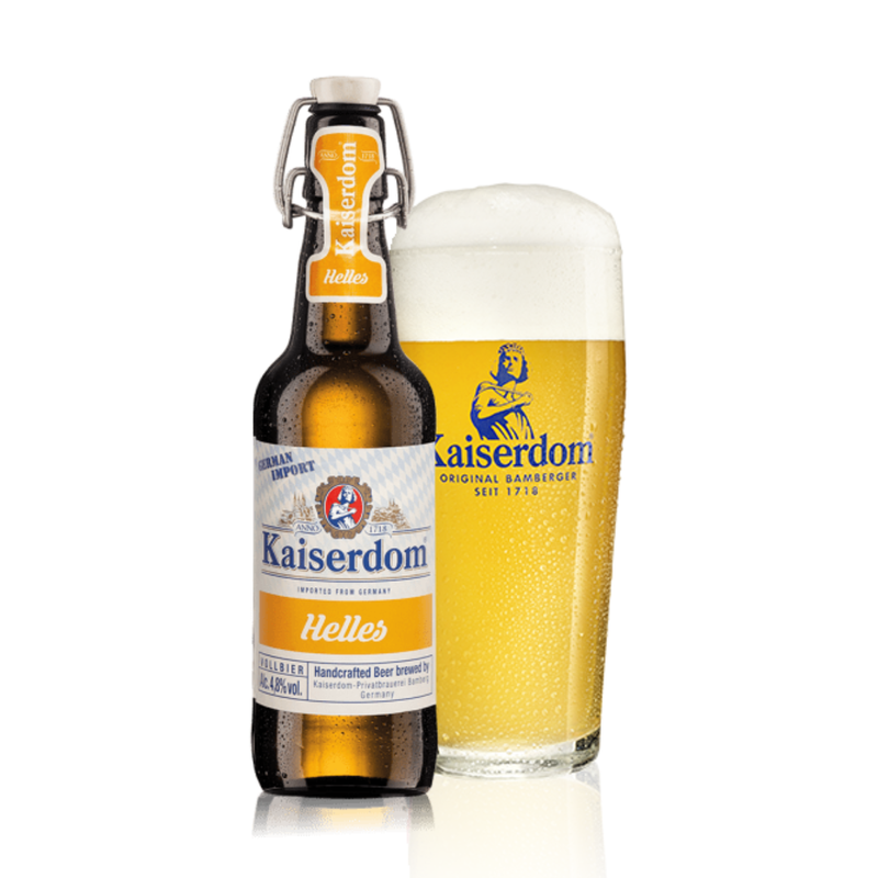 Kaiserdom Helles lager 500ml swingtop bottle with a glass on a white background