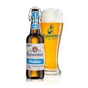 Kaiserdom Weissbier 500ml swingtop bottle with a glass on a white background