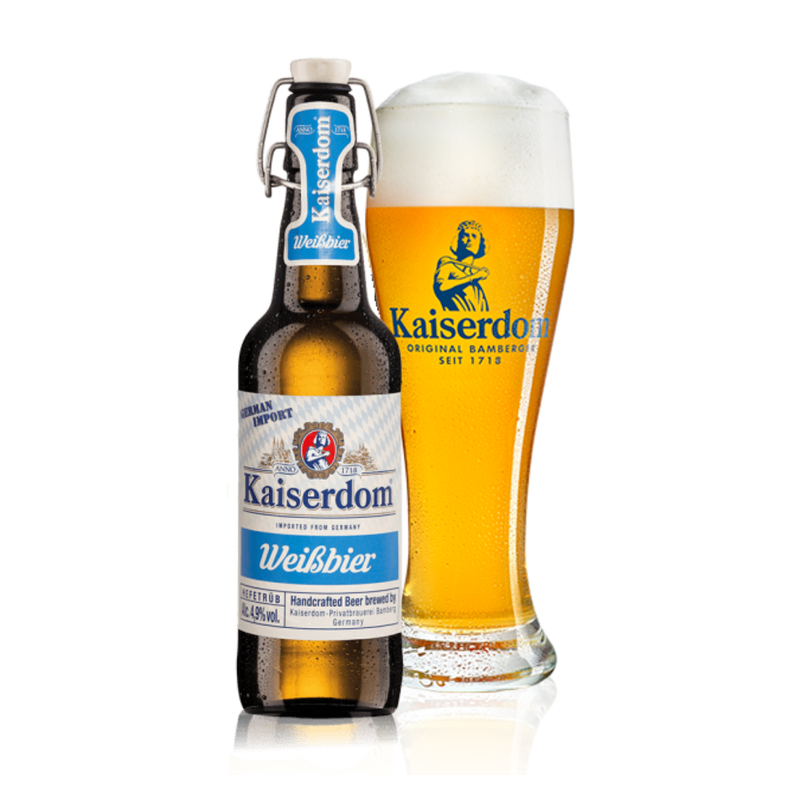 Kaiserdom Weissbier 500ml swingtop bottle with a glass on a white background