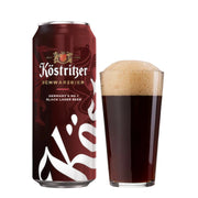 Köstritzer Schwarzbier can and glass of beer on a white background