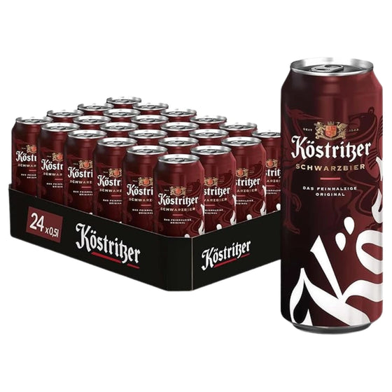 Kostritzer beer cans in a 24-pack box on a white background