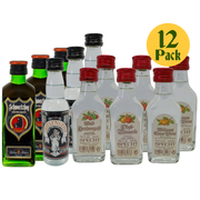 Assorted small bottles with labels on a white background, featuring a '12 Pack' label.
