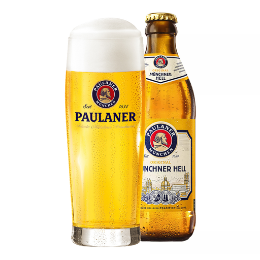 Paulaner Munchner Hell 500ml beer bottle with a glass on a white background