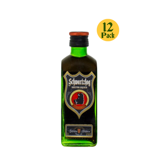 Green bottle of Schwartzhog liquor with a '12 Pack' label on a white background
