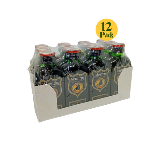 12-pack of Schwartzhog mini bottles in a cardboard holder on a white background