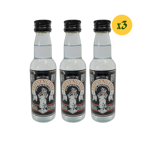 Three mini bottles of friesengeist  56% peppermin schnapps with a black label on a white background