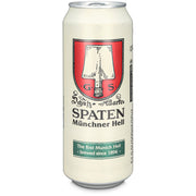 Spaten beer can with red and green logo on a white background