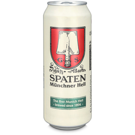 Spaten beer can with red and green logo on a white background