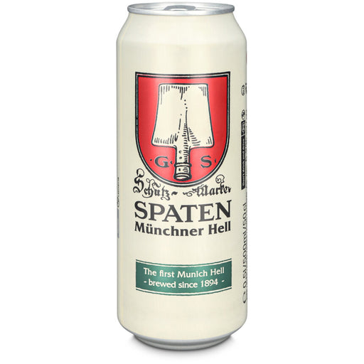 Spaten beer can with red and green logo on a white background