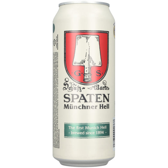 Spaten beer can with red and black logo on a white background