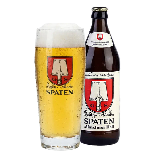 Spaten Munchner Hell 500ml Bottle with a Glass of Spaten on a white background
