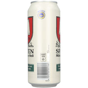 Spaten Munchner Hell CBeer can with a white label featuring red and black design elements on a white background