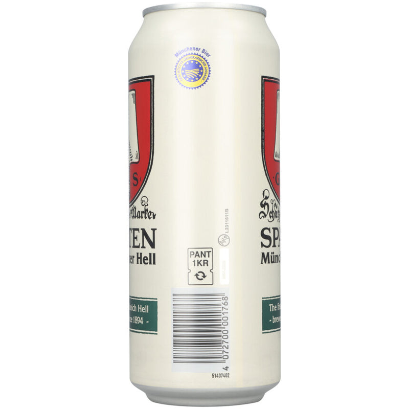 Spaten Munchner Hell CBeer can with a white label featuring red and black design elements on a white background