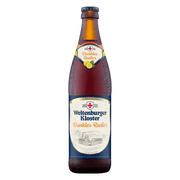 Bottle of Weltenburger Kloster Dunkles Radler beer on a white background