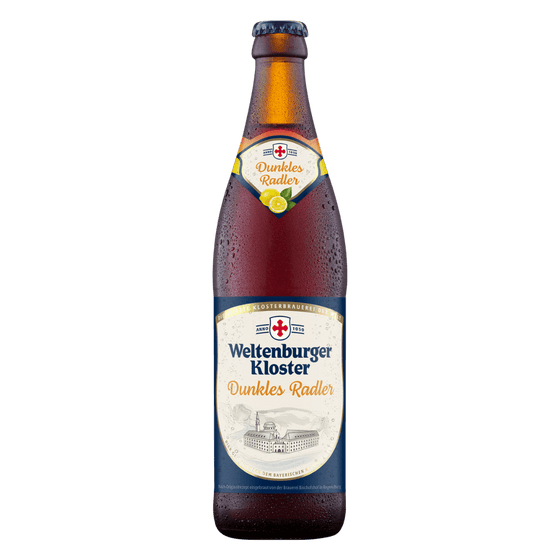 Bottle of Weltenburger Kloster Dunkles Radler beer on a white background