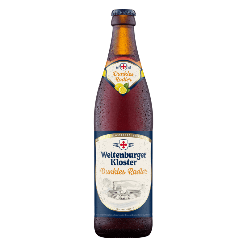 Bottle of Weltenburger Kloster Dunkles Radler beer on a white background