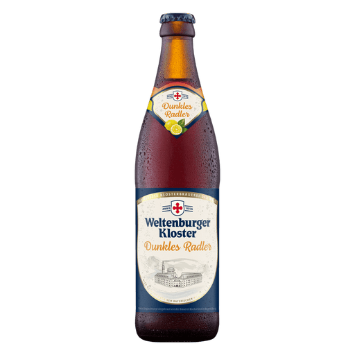 Bottle of Weltenburger Kloster Dunkles Radler beer on a white background
