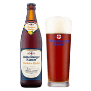 Weltenburger Kloster Dunkles Radler beer bottle and glass on a black background
