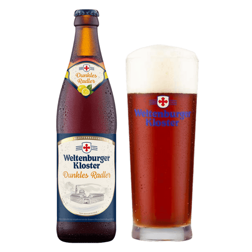 Weltenburger Kloster Dunkles Radler beer bottle and glass on a black background