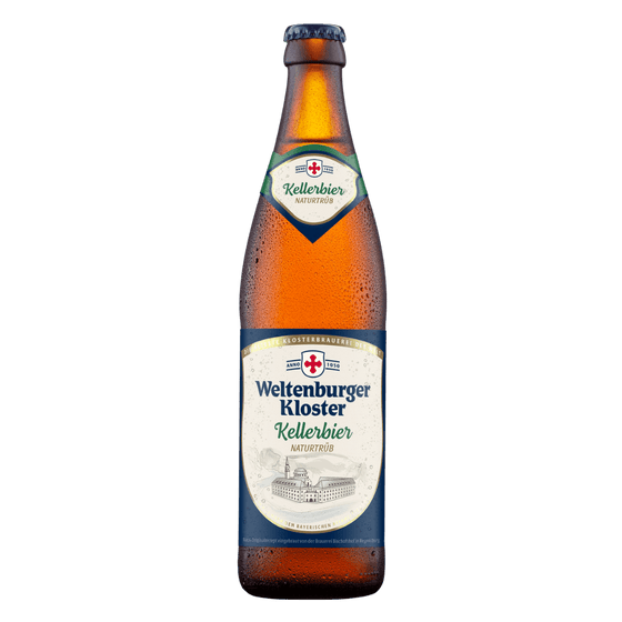 Bottle of Weltenburger Kloster Kellerbier on a white background