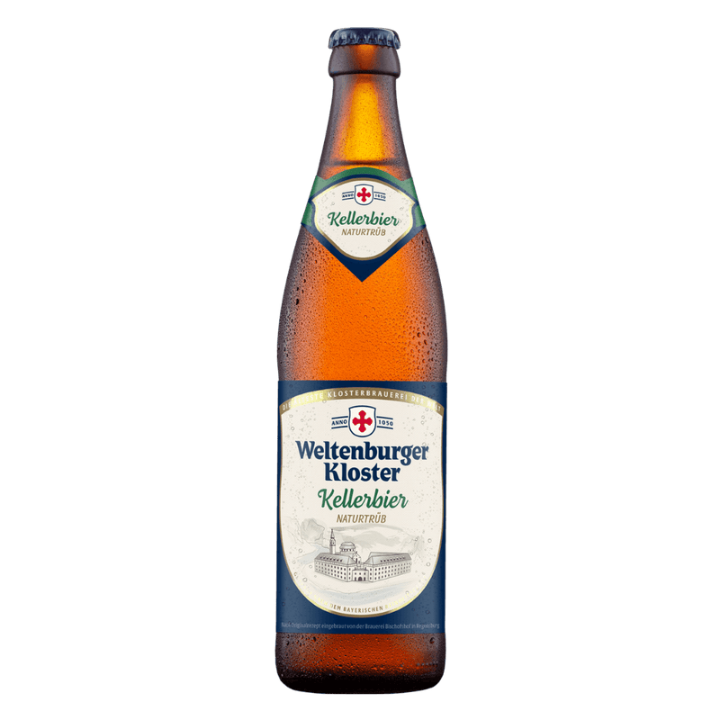 Bottle of Weltenburger Kloster Kellerbier on a white background