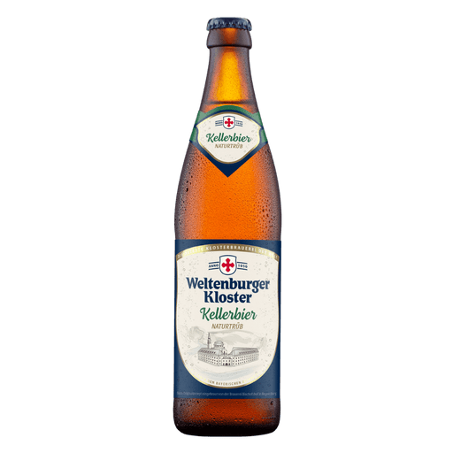 Bottle of Weltenburger Kloster Kellerbier on a white background
