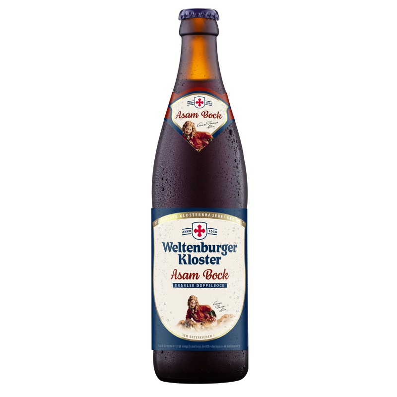 A single bottle of Weltenburger Kloster Asam Bock strong dark beer, shown against a plain white background. The brown glass bottle is covered in condensation droplets, featuring a cream and navy blue label with a red cross logo.