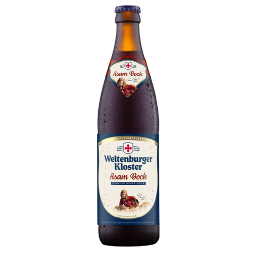 A single bottle of Weltenburger Kloster Asam Bock strong dark beer, shown against a plain white background. The brown glass bottle is covered in condensation droplets, featuring a cream and navy blue label with a red cross logo.
