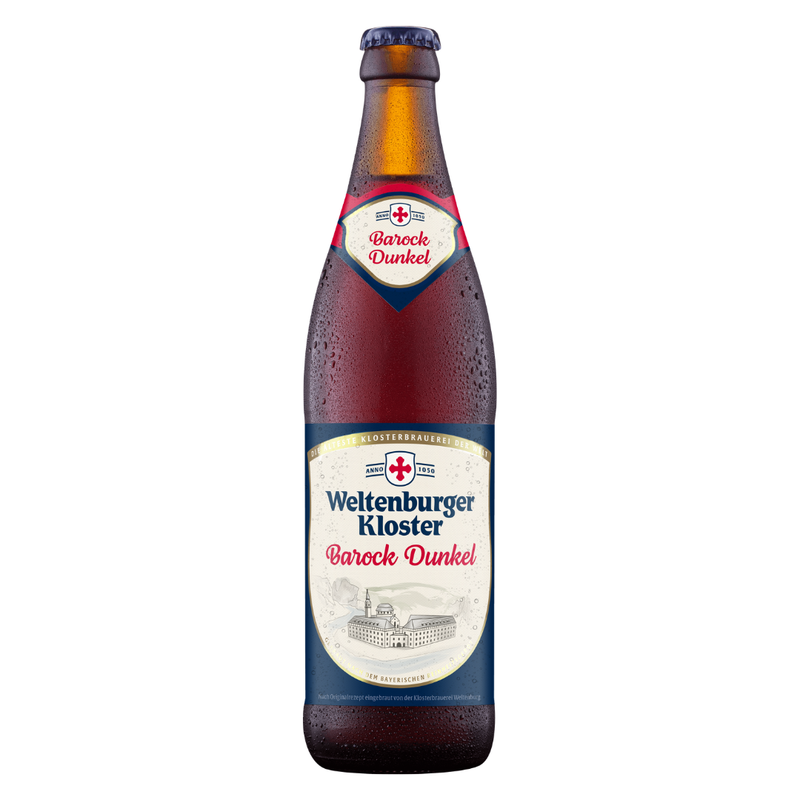 A single bottle of Weltenburger Kloster Barock Dunkel beer on a plain white background. The brown glass bottle is covered in condensation droplets, featuring a cream and navy blue label with a red cross logo and a smaller matching neck label.