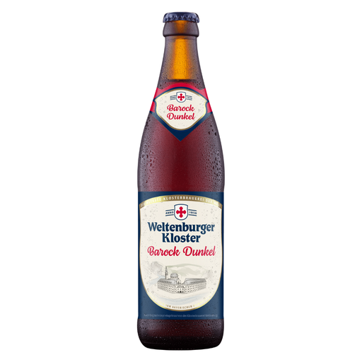 A single bottle of Weltenburger Kloster Barock Dunkel beer on a plain white background. The brown glass bottle is covered in condensation droplets, featuring a cream and navy blue label with a red cross logo and a smaller matching neck label.