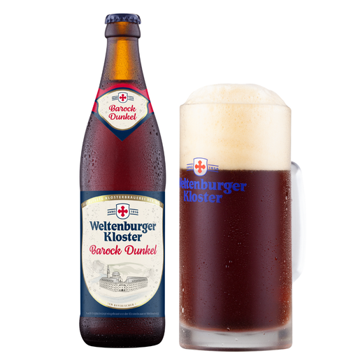 A bottle of Weltenburger Kloster Barock Dunkel beer next to a filled glass mug with a thick head of foam, on a white background.