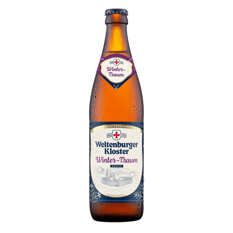 Weltenburger Kloster Winter-Traum beer bottle with label on a white background