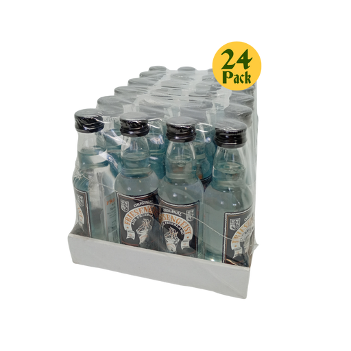 24-pack of Friesengeist peppermint Schnapps bottles in a cardboard box on a white background