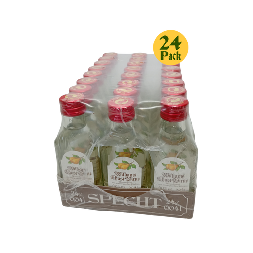 24-pack of Specht Williams Christ Birne bottles with red caps and visible labels on a white background